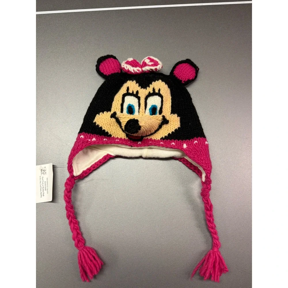 Southwest Crafts Handmade Minnie Mouse Knit Beanie Pink Black Fleece Lined NWT